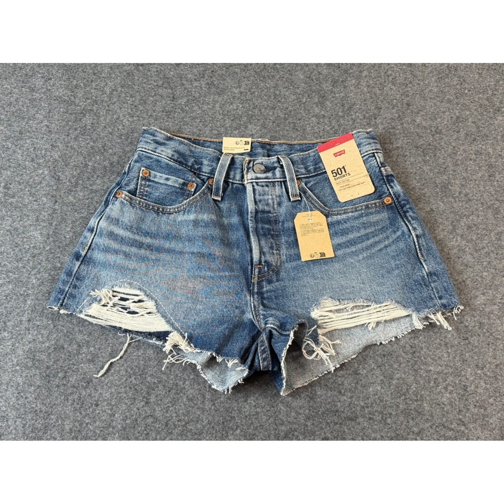 Levi 501 Shorts Womens 26 Blue New Distressed High Rise Button Fly